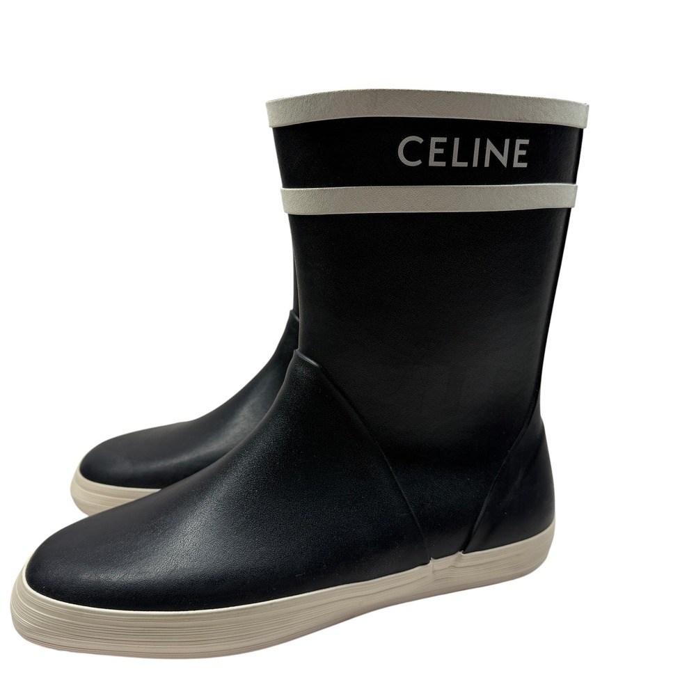 Celine Black Rubber Flat Rain Boots White Trim Logo Mid Calf Size 40 France NWT